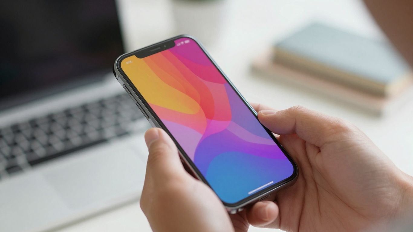 Hands holding a smartphone with a digital pattern.