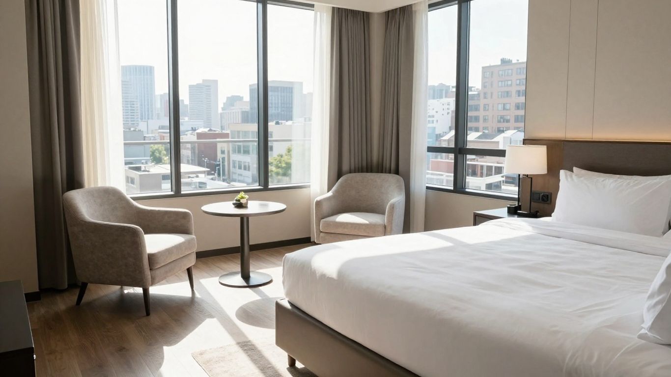 Modern hotel room with city view