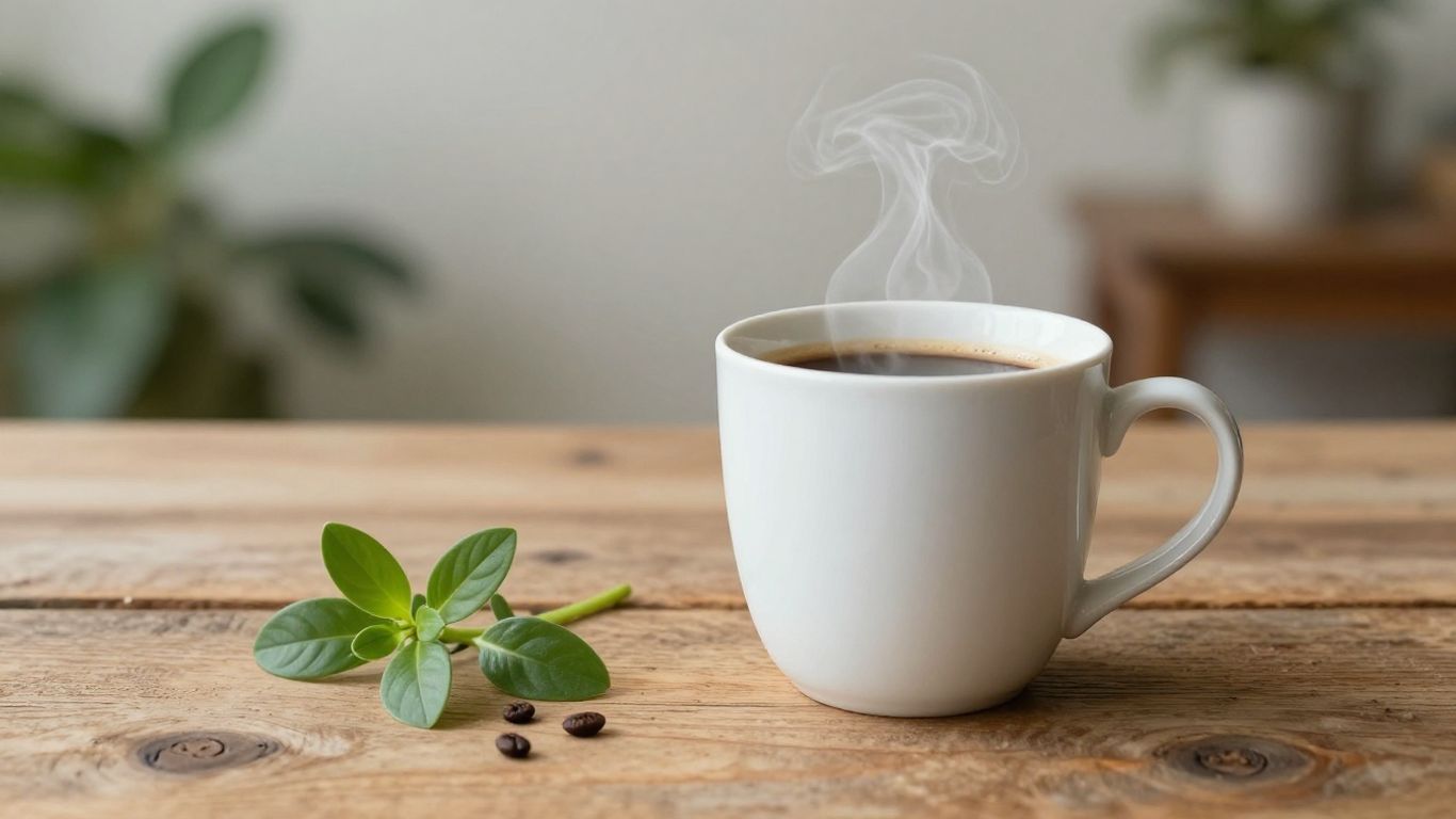 Steaming coffee mug next to a small green plant on a table.
