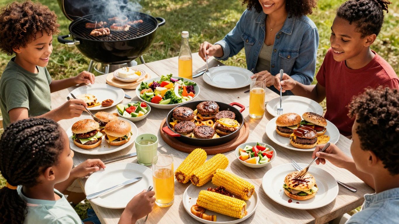 Family enjoying a budget-friendly BBQ meal outdoors.