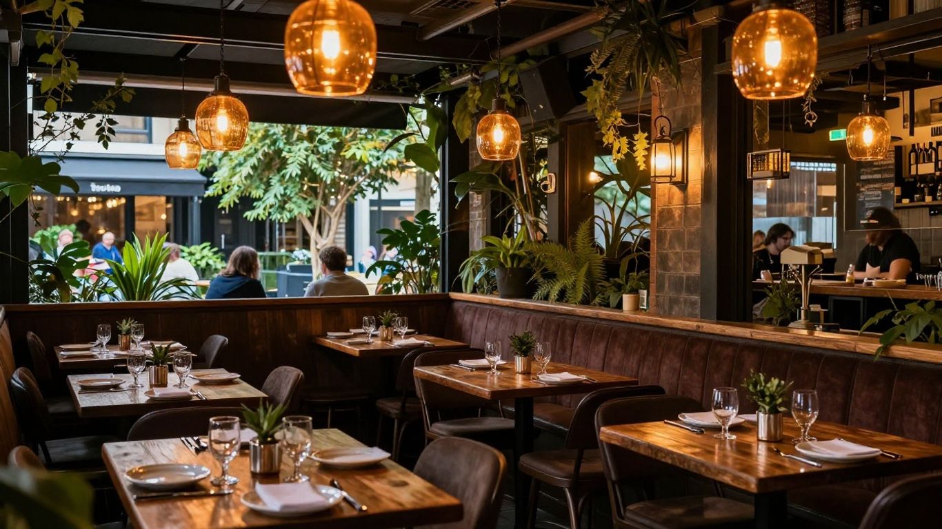 Warm pub dining room and garden seating at dusk