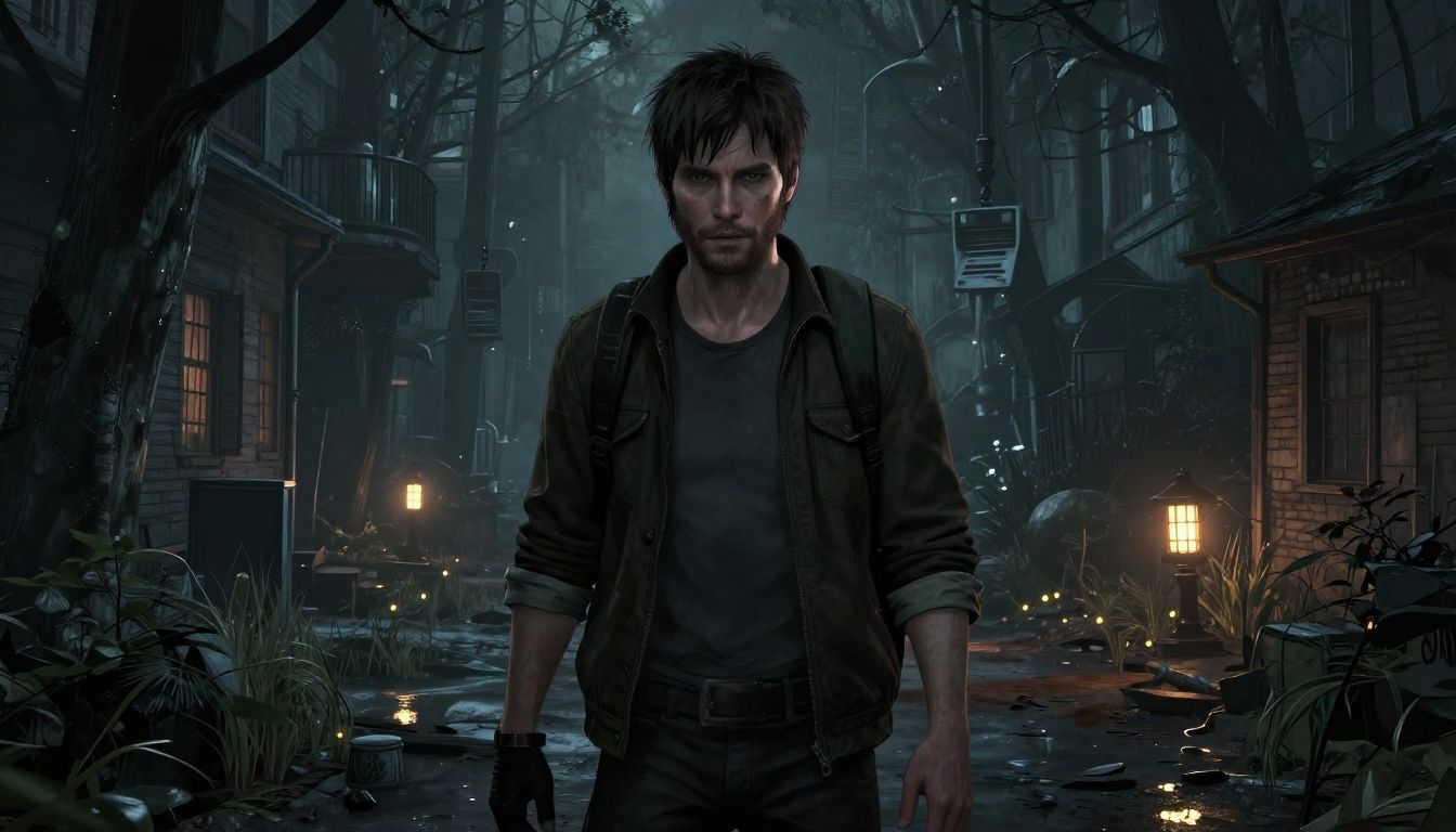 O protagonista Alan Wake caminhando através de uma dimensão sombria e distorcida com luzes piscantes ao fundo