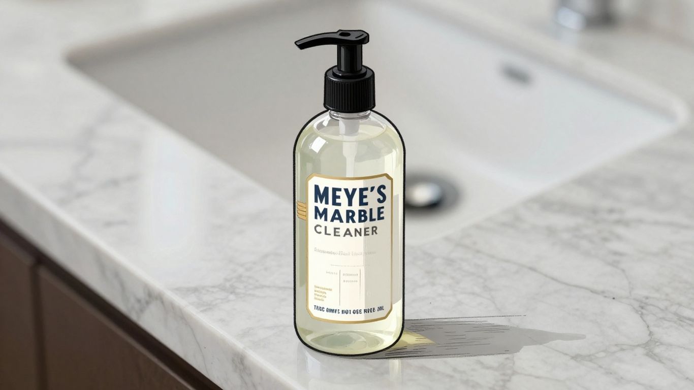 Mrs. Meyer's Marble Cleaner bottle and sparkling marble surface sketch.