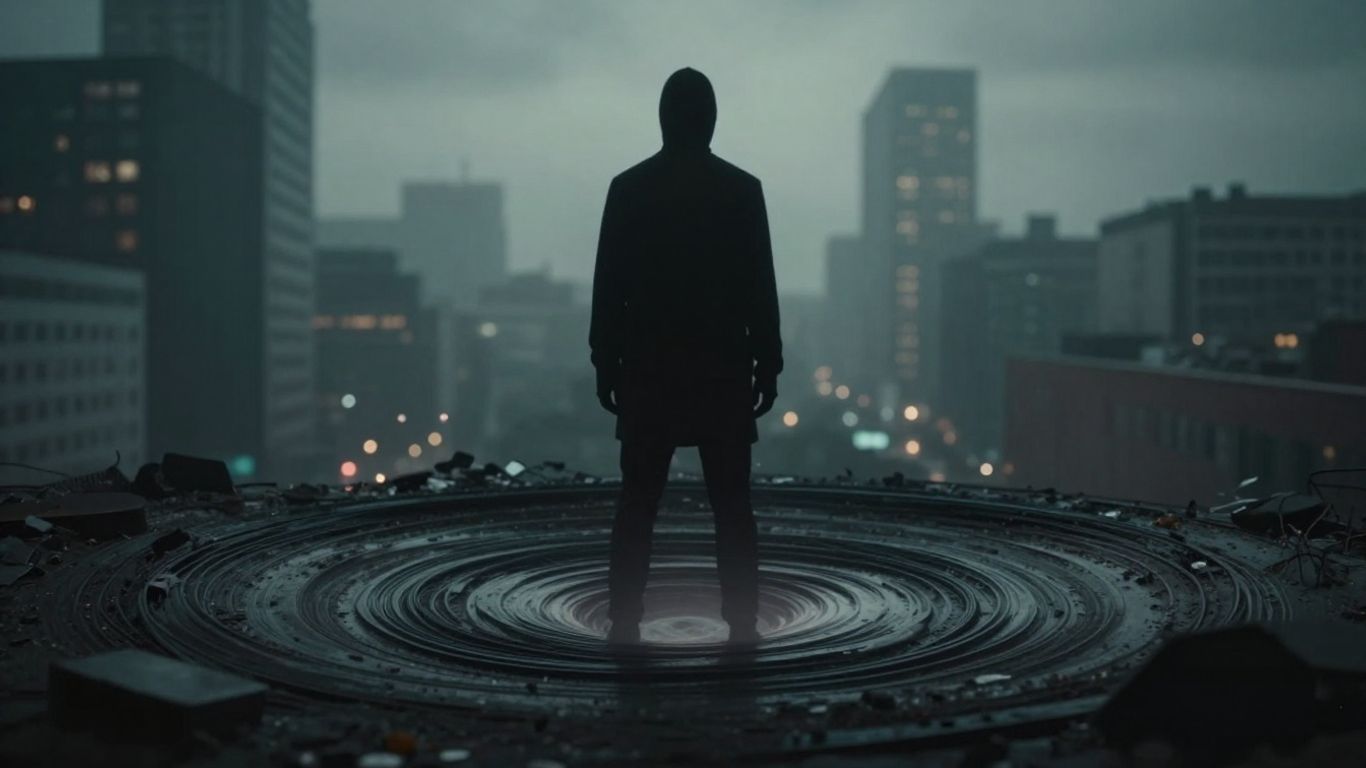 Mysterious figure in front of a digital vortex.