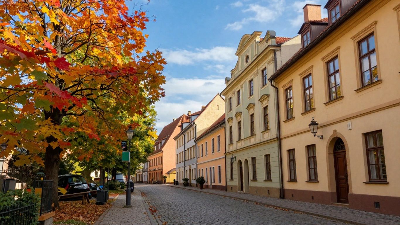 Autumnal European cityscape with colorful trees and historic buildings.