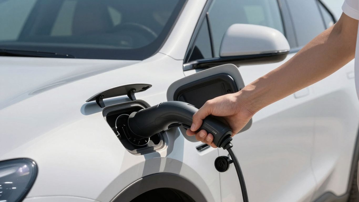 Elektroauto wird geladen, Person lädt E-Auto auf