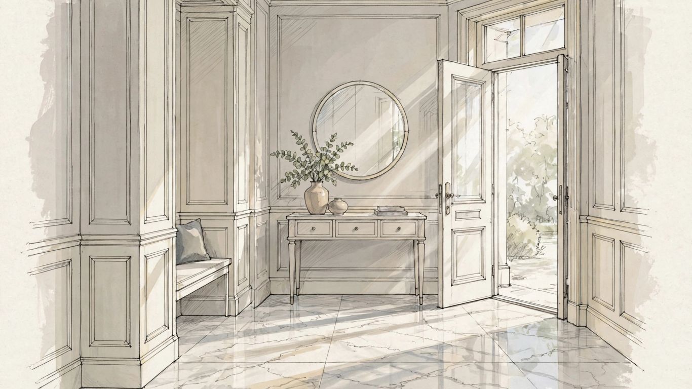 Illustrative sketch of a marble entry floor and wall