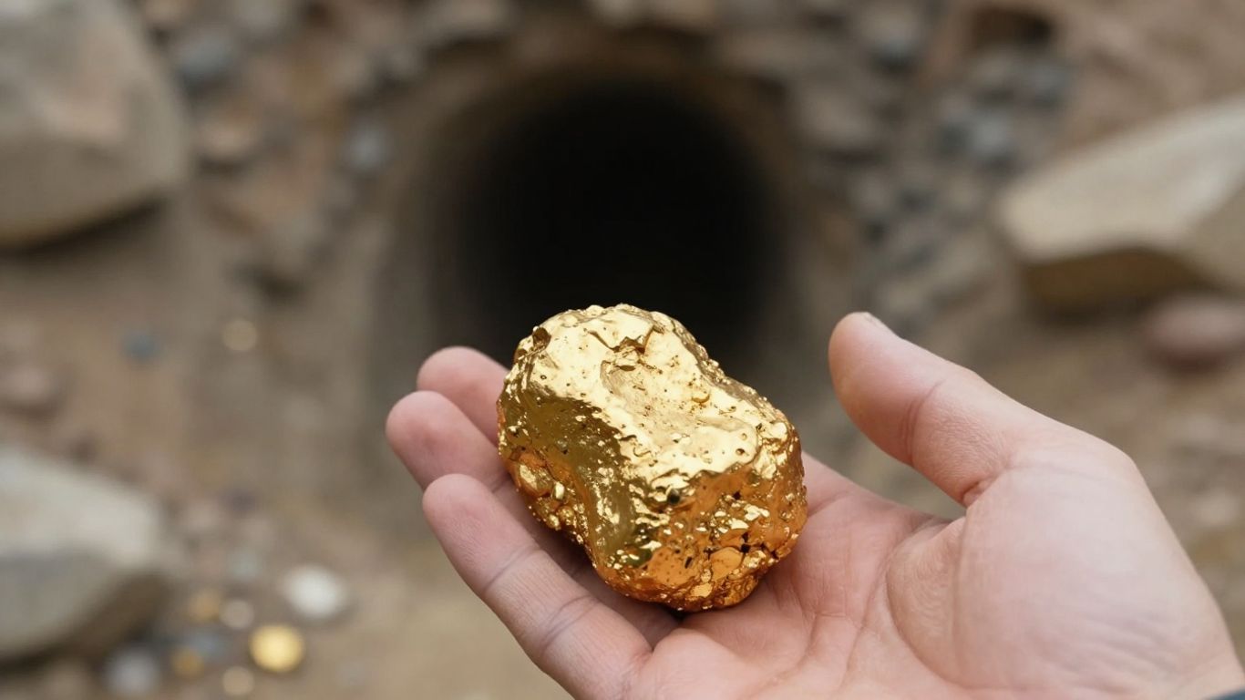 Main d'or tenant une pépite d'or près d'une mine.