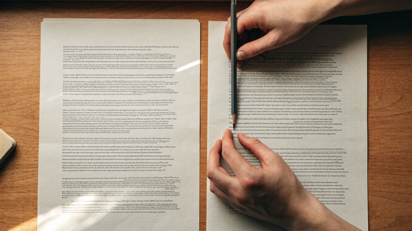 Two essay pages aligned beside a careful reader