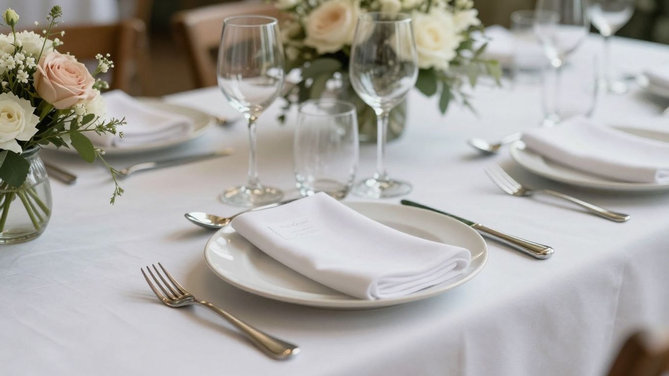Elegant wedding table setting with white linens and flowers.