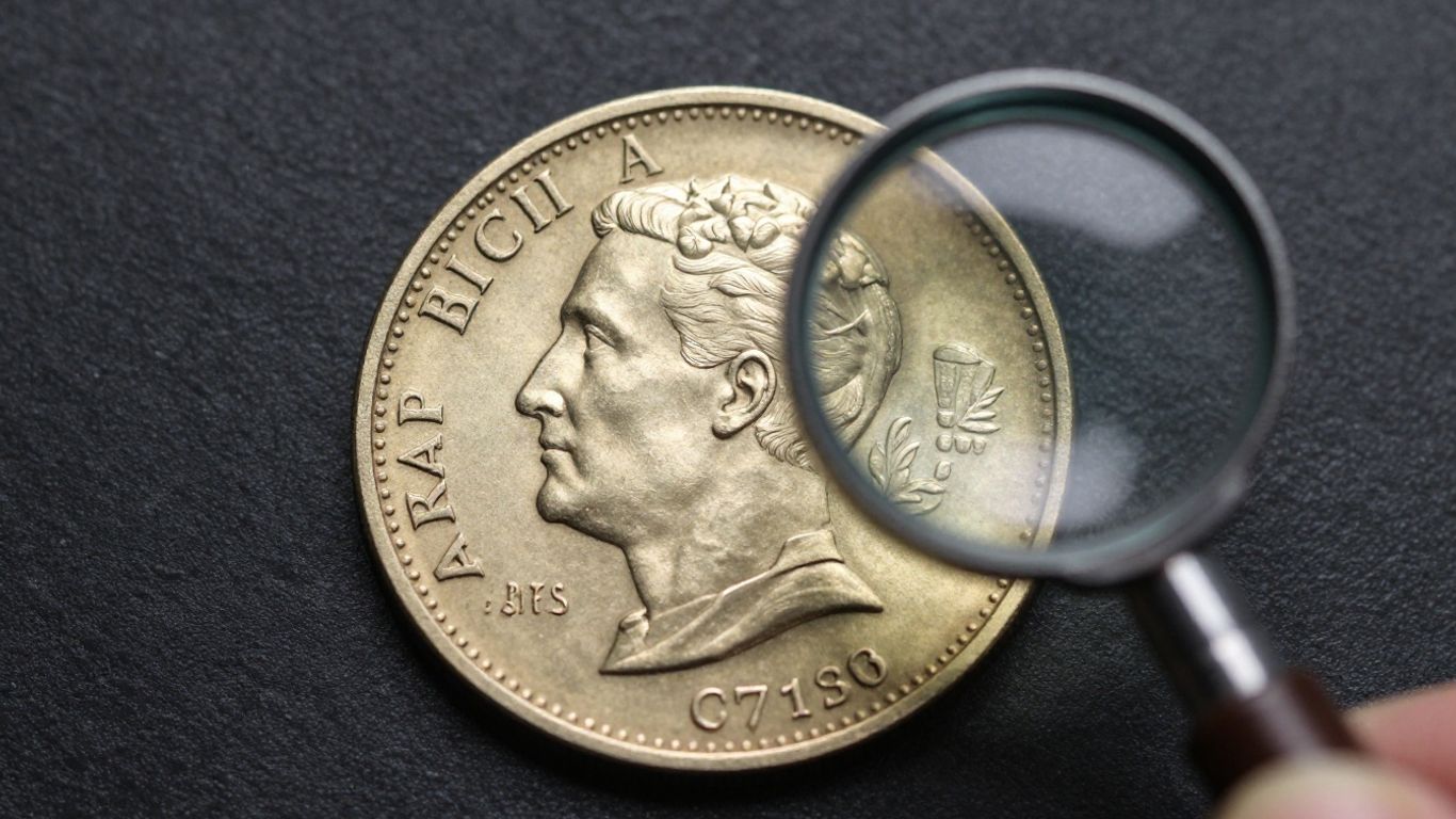 Close-up of a certified coin with a magnifying glass.