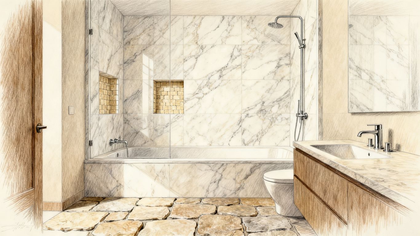 Natural stone tiles across bathroom surfaces