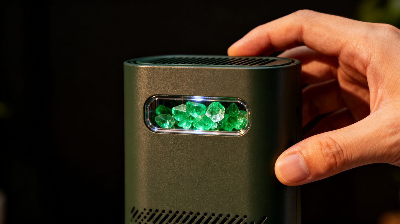 A hand holding a unit with color indicators