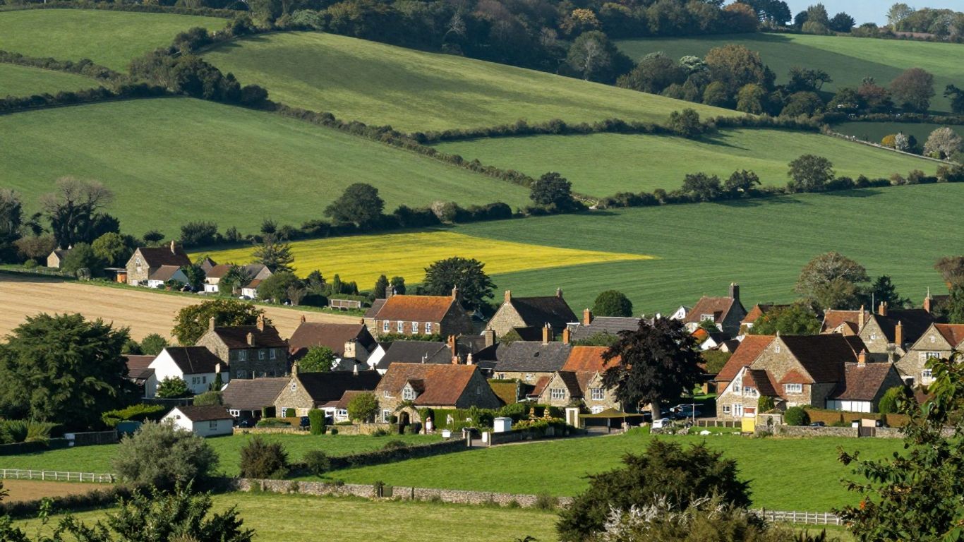Rolling green hills and historic villages of Sussex, UK.