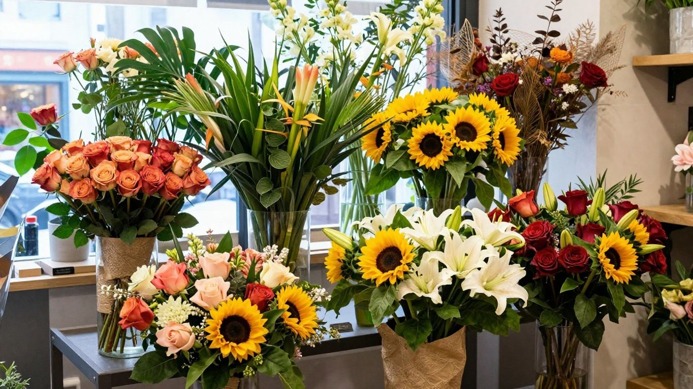 Florist arranging colorful seasonal flowers