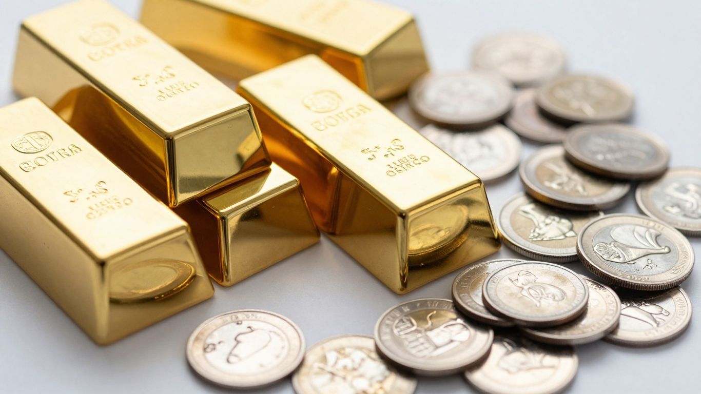 Lingots d'or, pièces d'argent et lingots de platine.