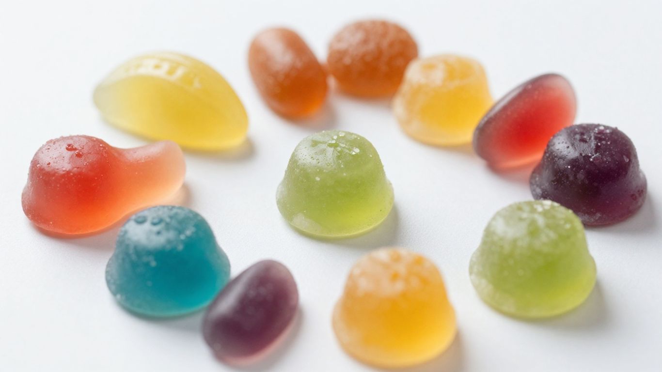 Colorful Delta-9 THC gummies on a white surface.