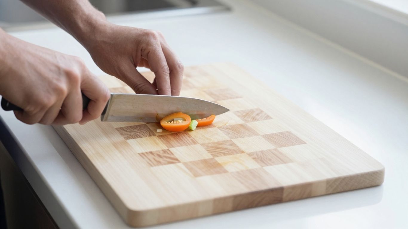 Left-handed cook chopping vegetables on maple board