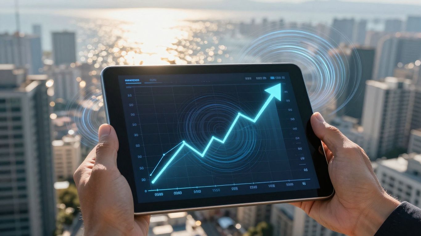 Investor analyzing stock market with cityscape and upward trend.