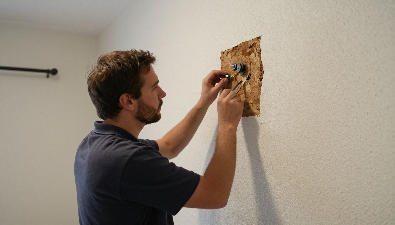 A skilled technician carefully repairing a stucco wall section on a residential historic home