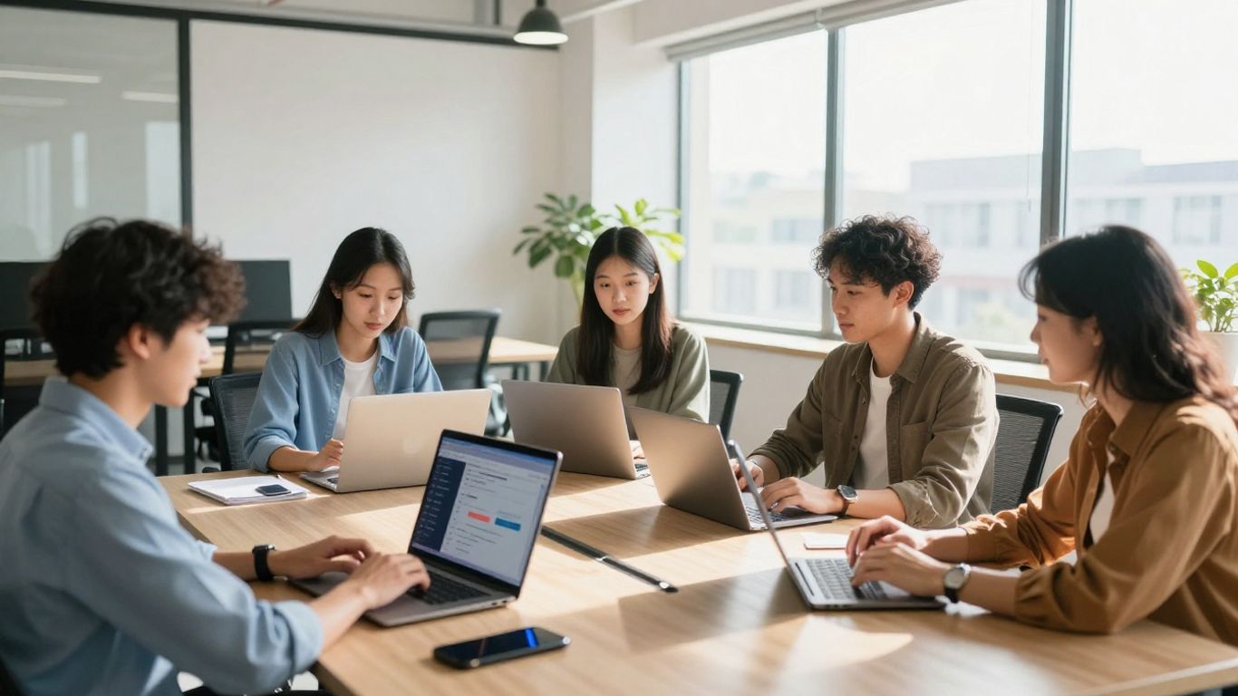 Personas colaborando en oficina moderna con tecnología.