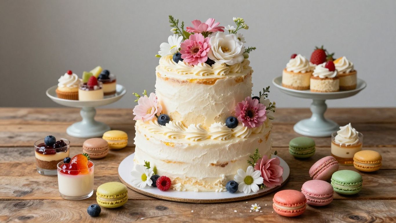 Creative cake display with flowers and desserts.