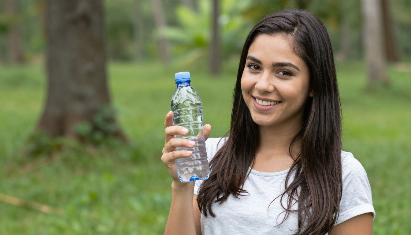Uma pessoa sorridente segurando uma garrafa de água reutilizável com um fundo natural e iluminado