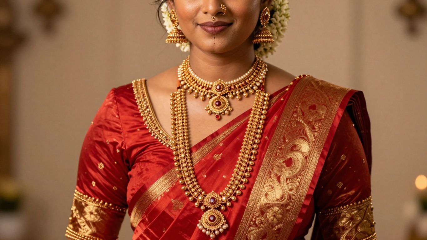 South Indian bride wearing layered temple jewellery