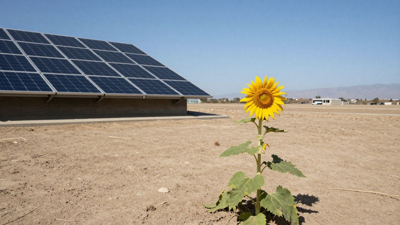 California rooftop solar panels and a wilting sunflower.