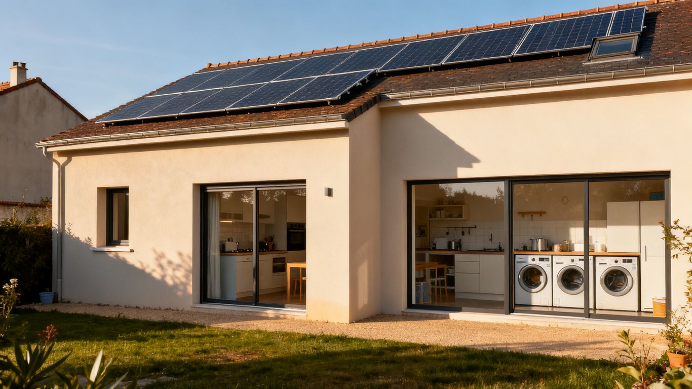 Maison équipée de panneaux solaires et appareils domestiques