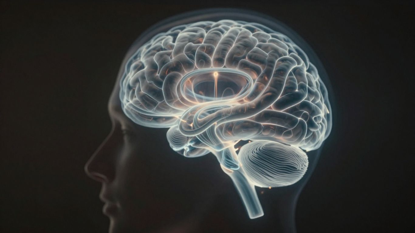 Head with glowing brain outline, CT scan concept.