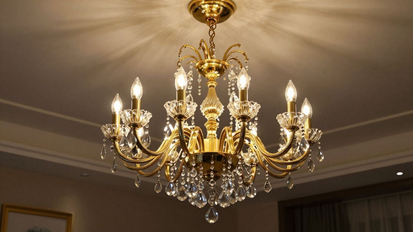 Elegant gold chandelier in a modern living room.