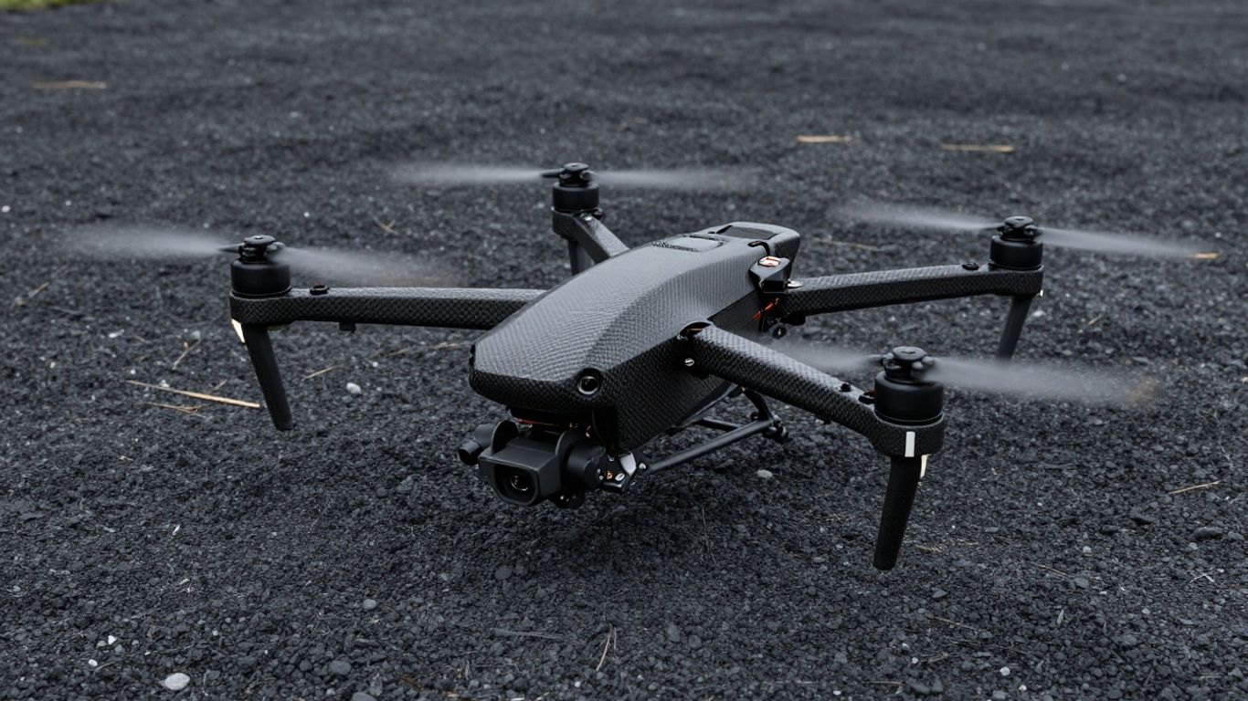 Rugged drone hovering above a dark tactical arena