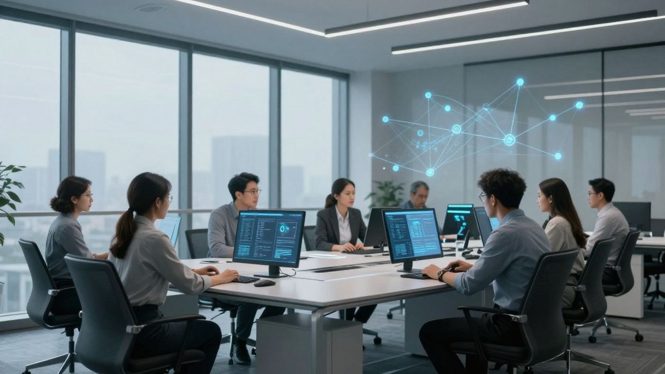 Alumni Ventures Group office with professionals and AI data visualization.