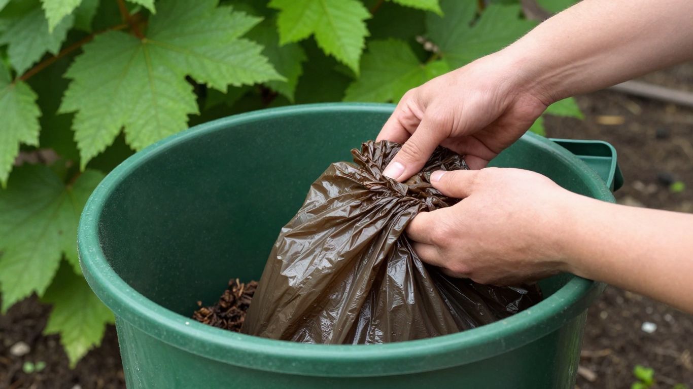 Compostable bag being placed in a compost bin.