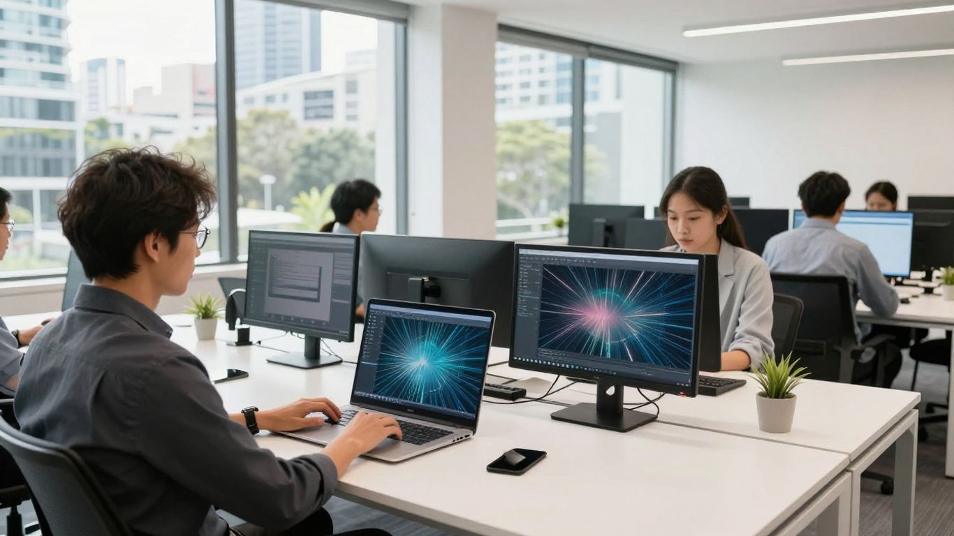 Brisbane business professionals using advanced IT in an office.
