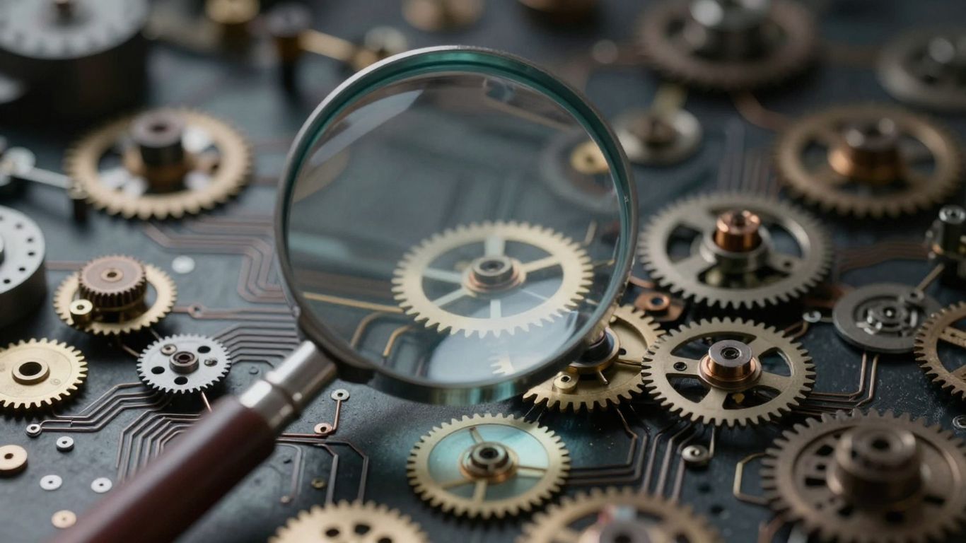 Lupa examinando circuitos y engranajes interconectados.