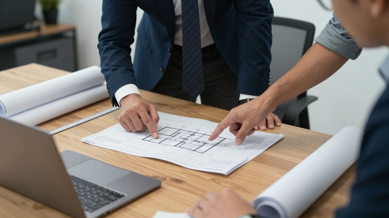 Engineer reviewing technical drawings and submission documents