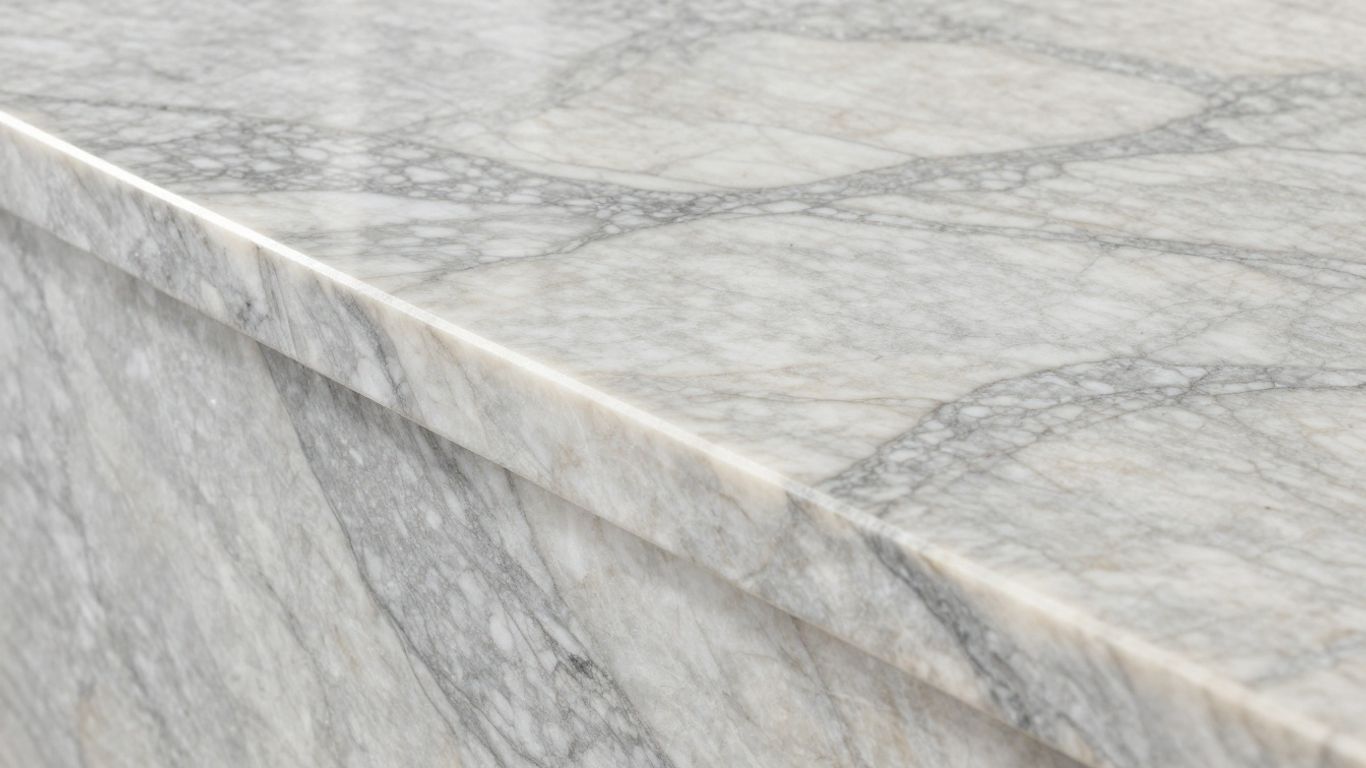Polished quartzite countertop with natural veining and subtle shimmer.