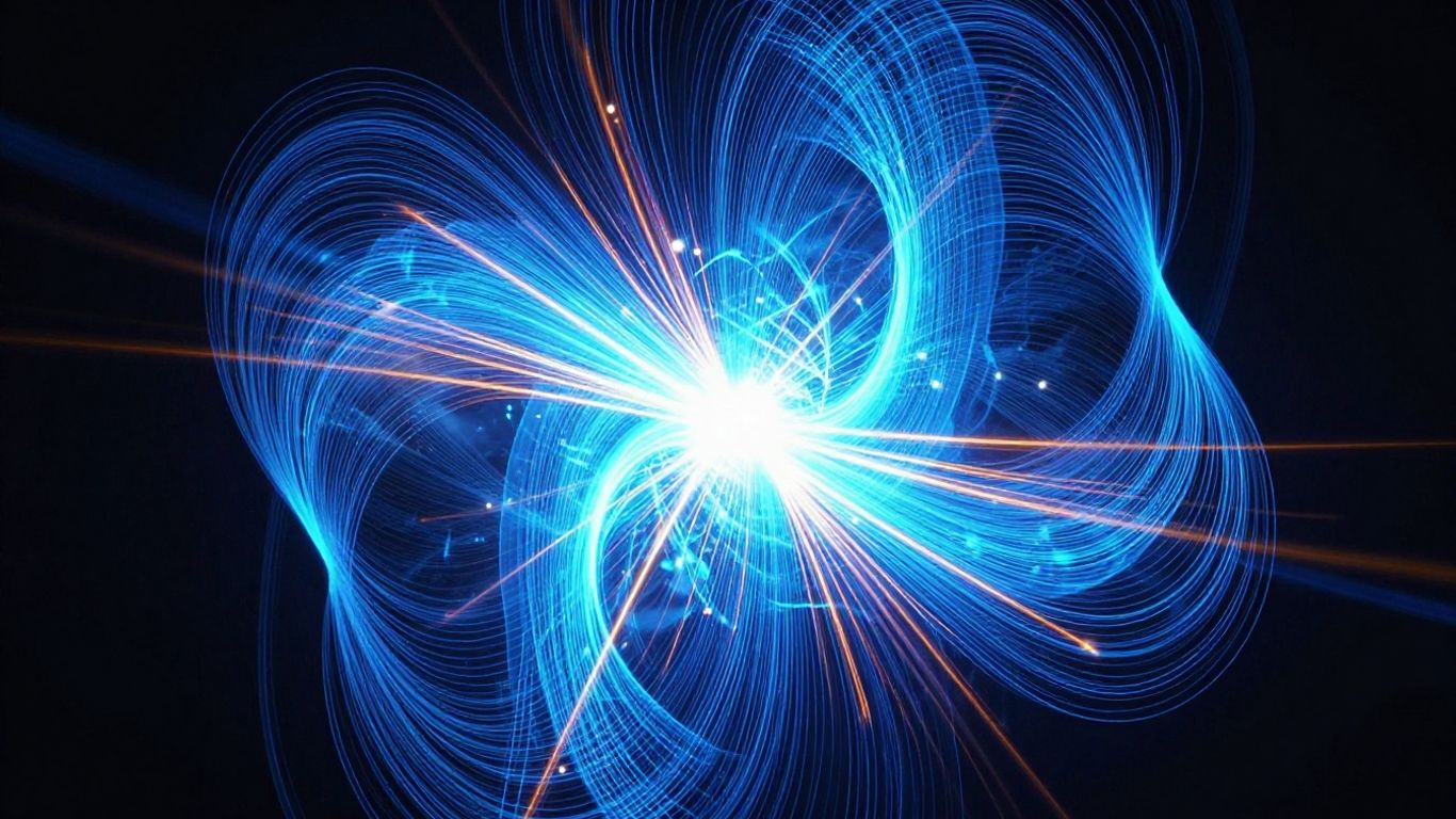 Abstract light trails and geometric shapes with glowing particles.