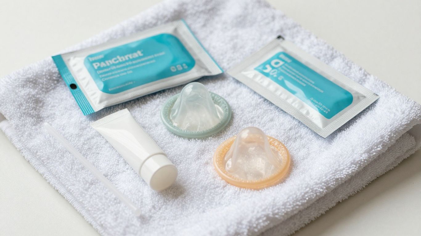 Personal lubricant, condoms, and body-safe accessories on a clean surface