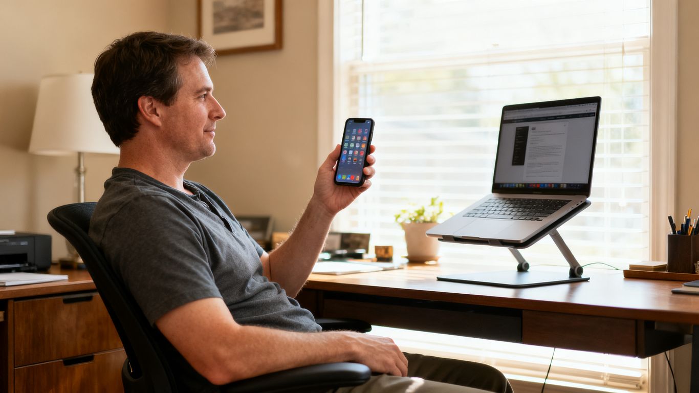 Person adjusting phone posture at home