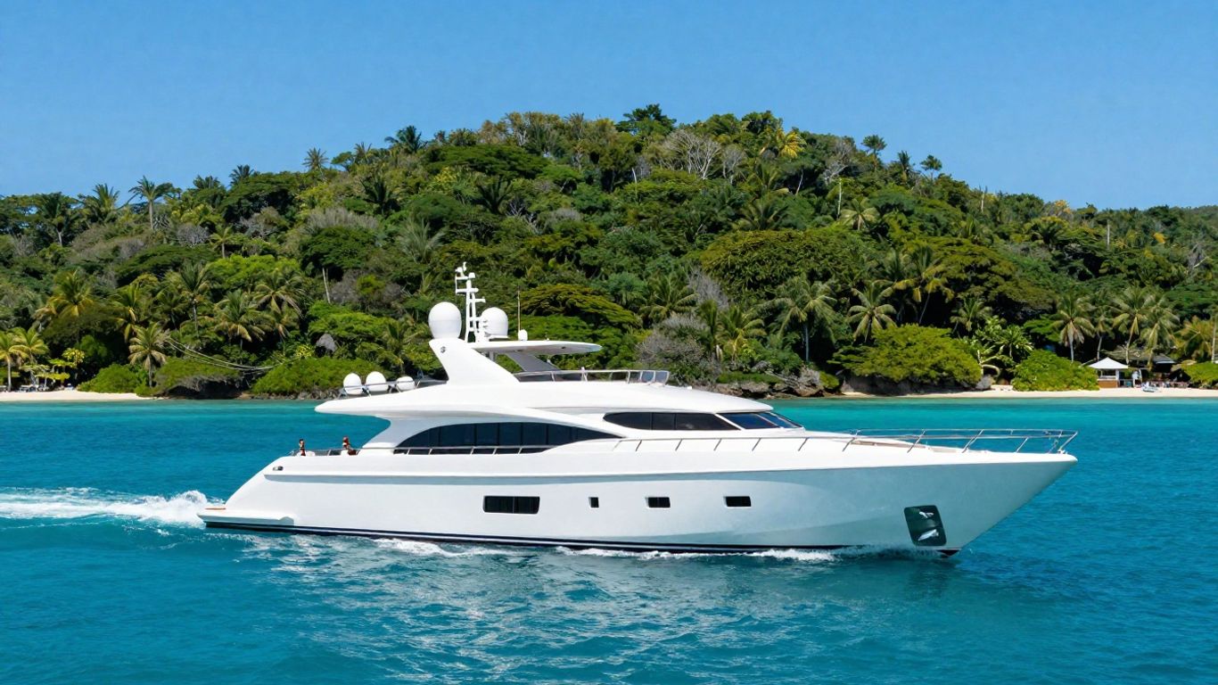 Luxury yacht sailing on a clear blue ocean near an island.