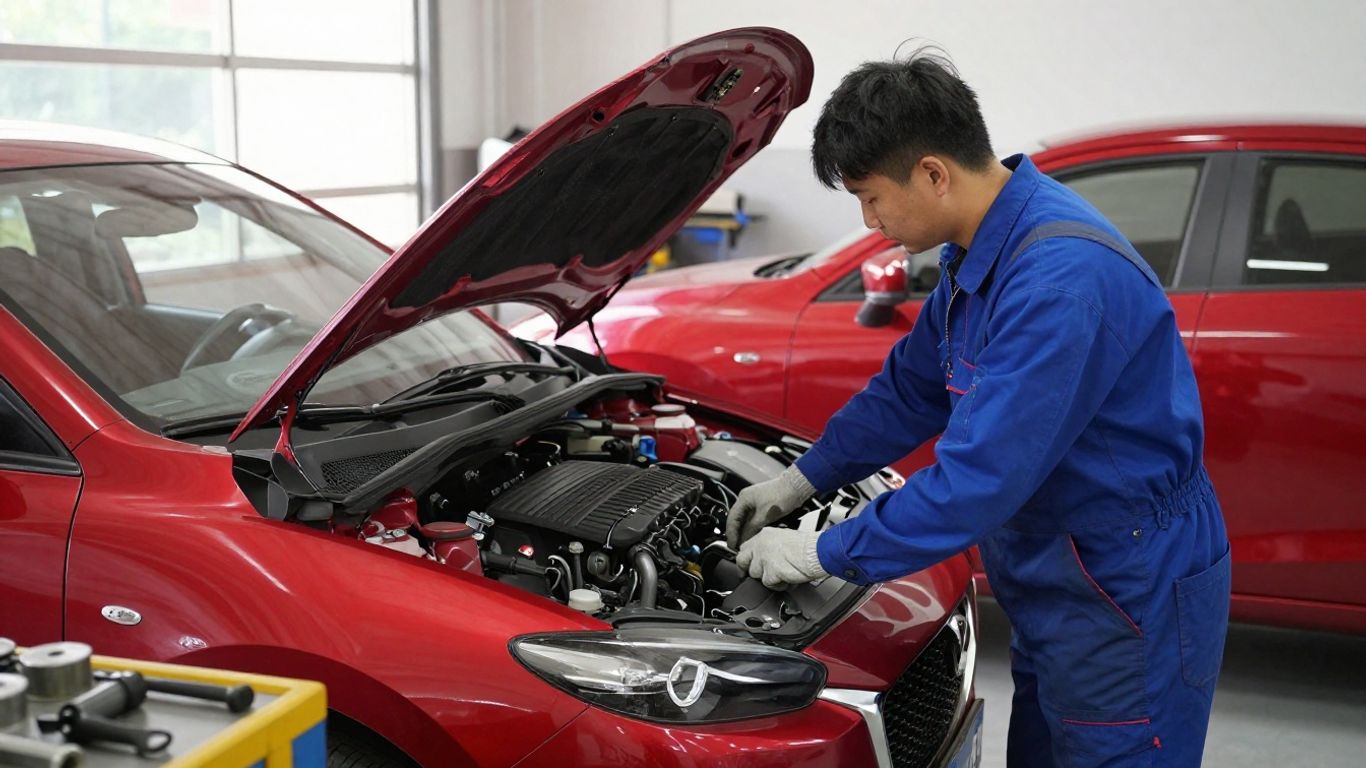 Mechanic working on a red Mazda car engine.