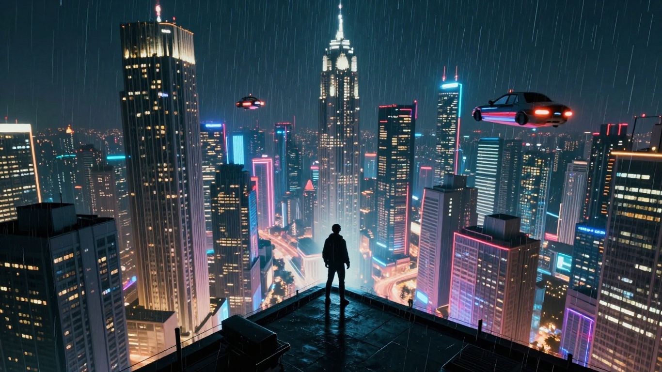 Futuristic cityscape with neon lights and flying vehicles.