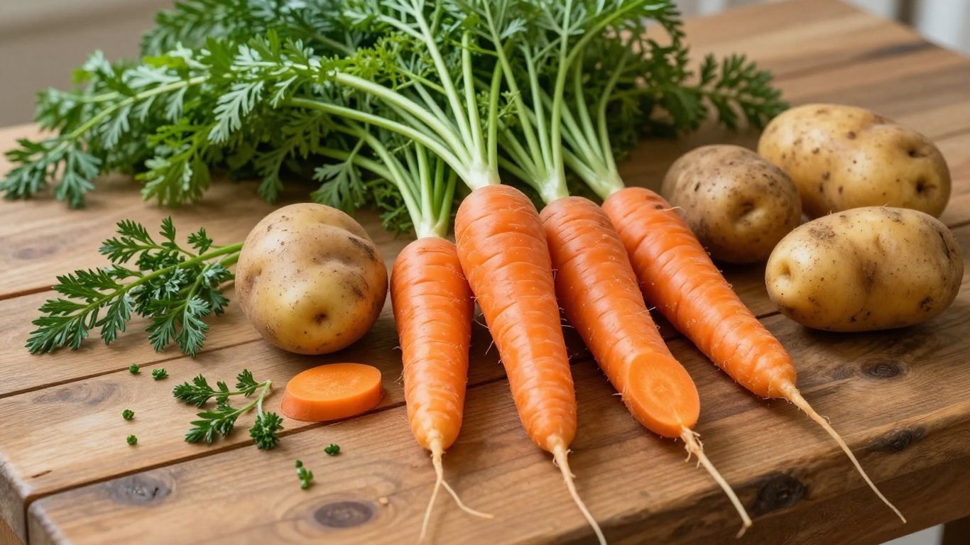 Biologische wortels en aardappelen op een tafel