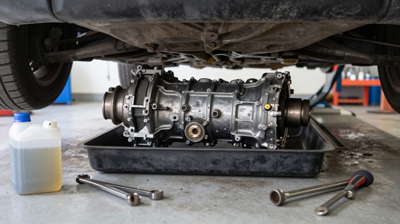 Technician servicing transmission beneath raised car
