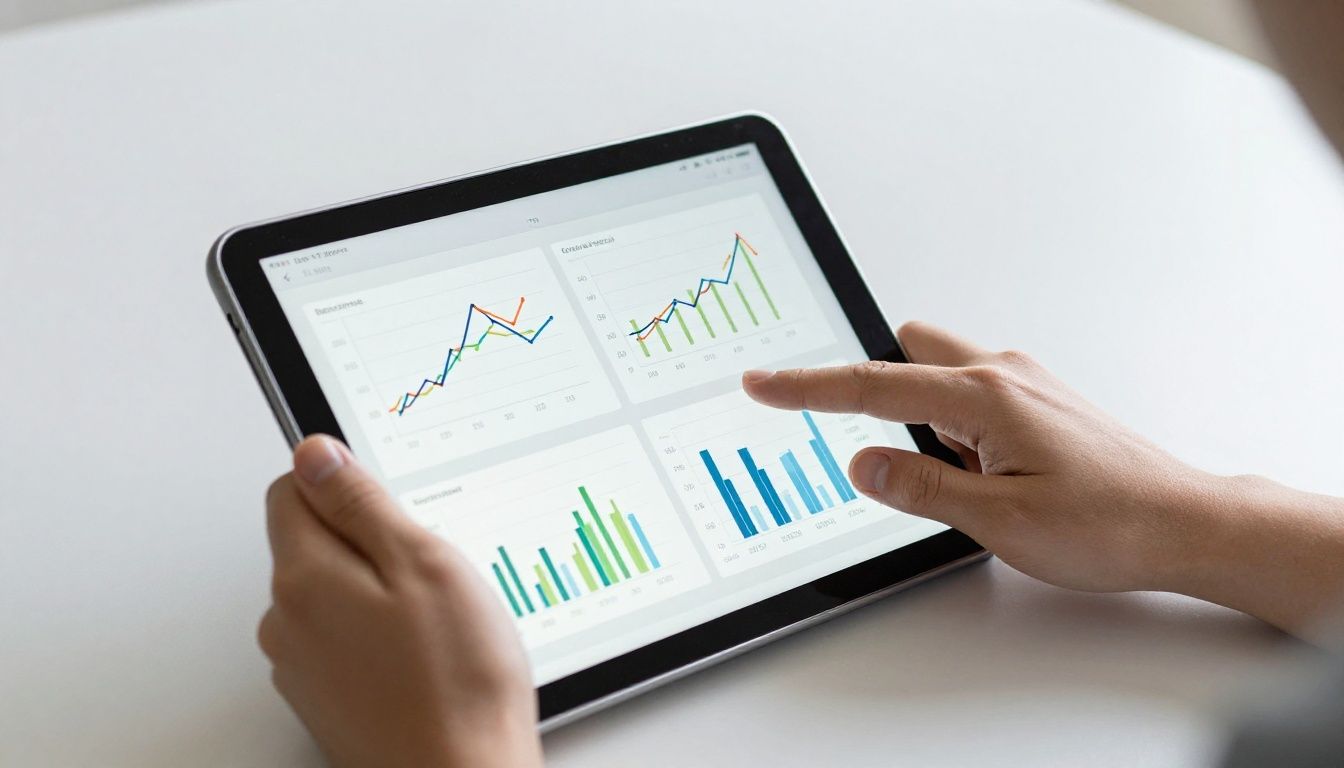 A person's hands interacting with a tablet displaying health data charts and graphs, set against a clean, minimalist background. The scene is calm and focused.