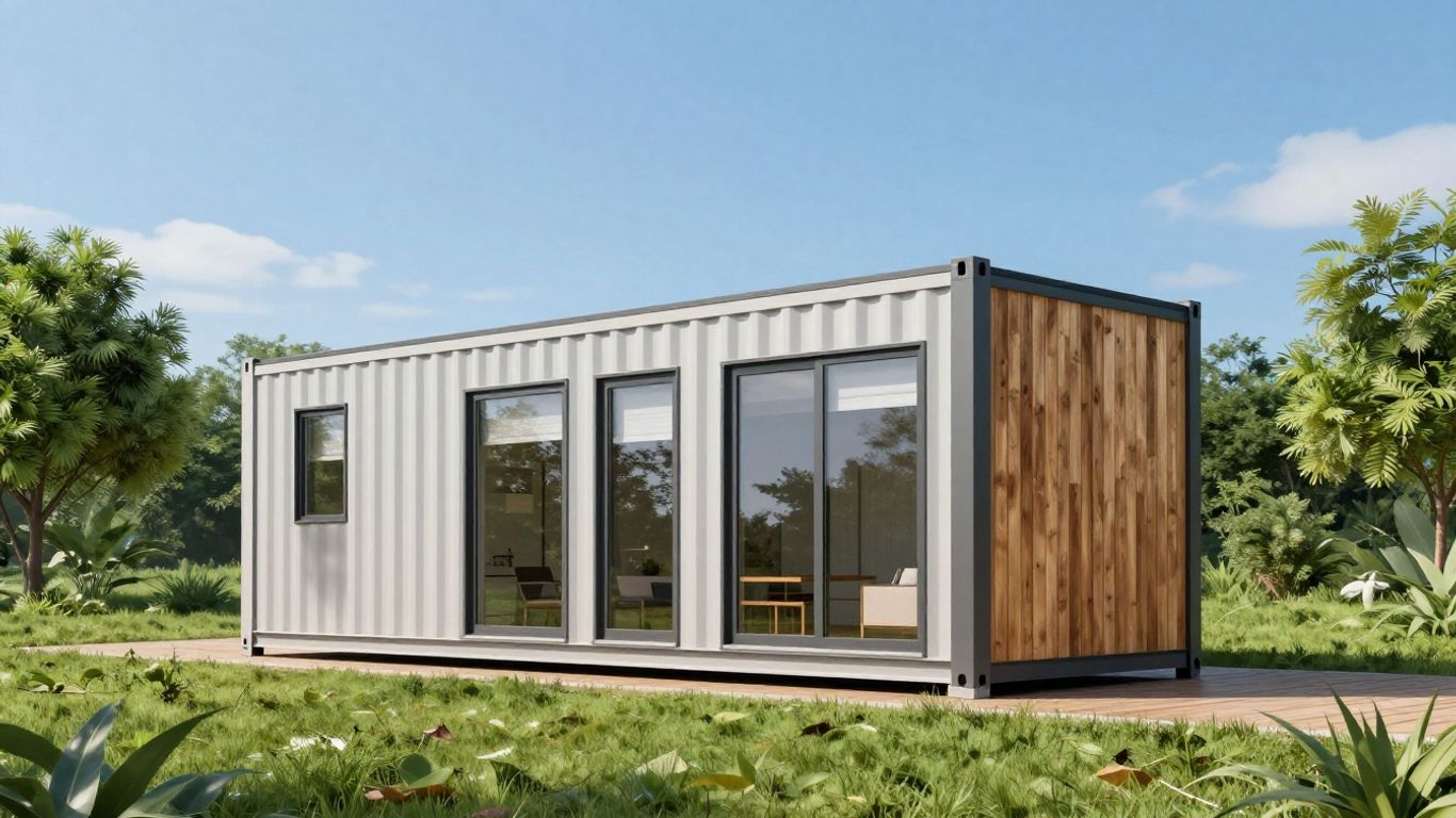 Maison conteneur moderne avec jardin et ciel bleu.