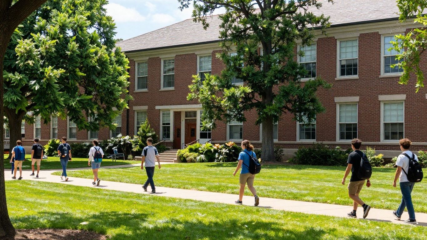 Valley City State University campus with students and buildings.